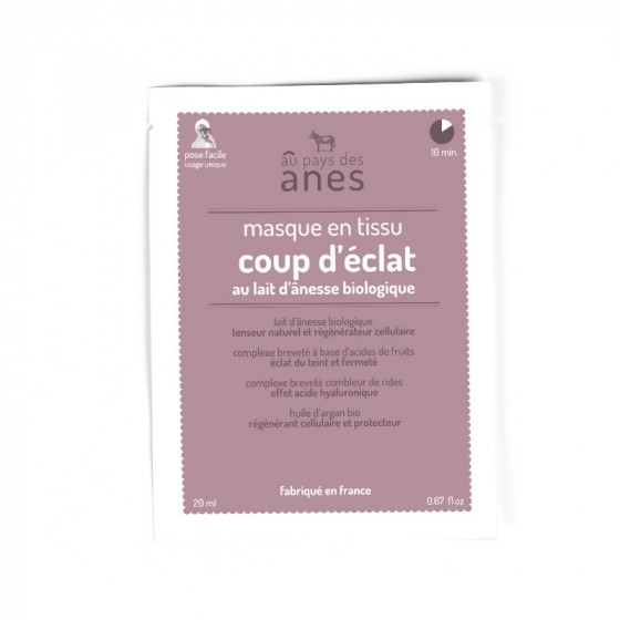 Masque en tissu au lait d'ânesse biologique Coup d'éclat 20 ml