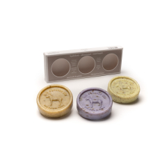 Coffret savons exfoliants sans huile de palme ronds Tilleul, Camomille, Lavande Au Pays des Ânes