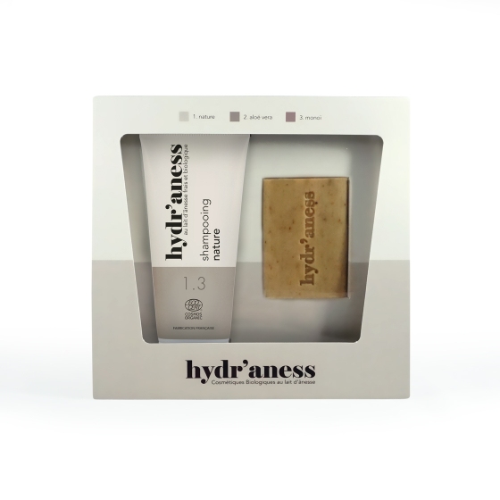 Coffret duo shampooing et savon ayurvéd'âne au lait d'ânesse bio Hydr'aness Coffret duo shampooing et savon ayurvéd'âne au lait d'ânesse bio Hydr'aness