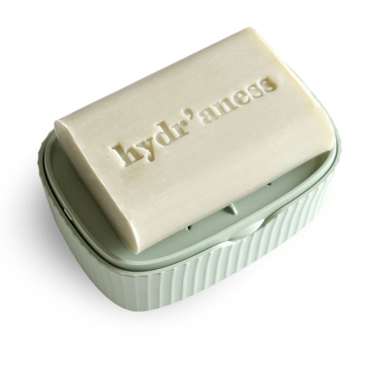Boite à savon de voyage en bouchons recyclés verte Hydr'aness avec savon naturel