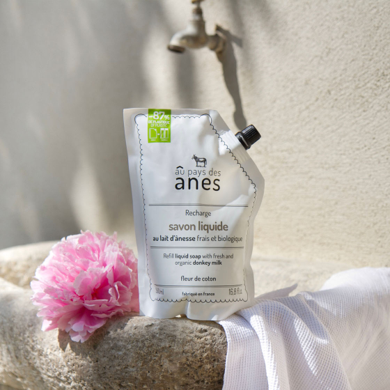 Eco recharge savon liquide au lait d'ânesse biologique Fleur de Coton 500ml