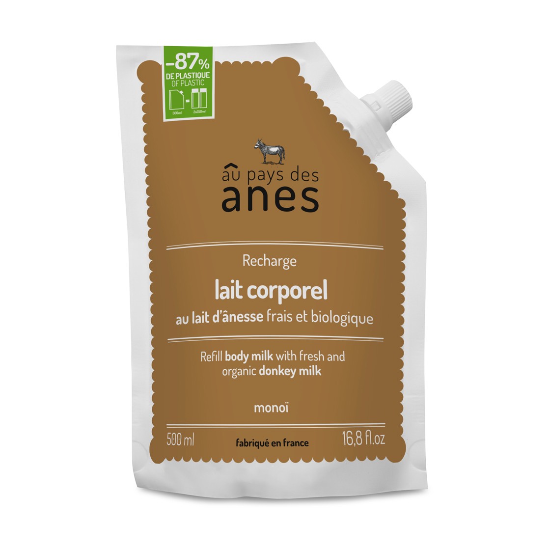 Recharge lait corporel au lait d\'ânesse frais et biologique Monoï 500ml