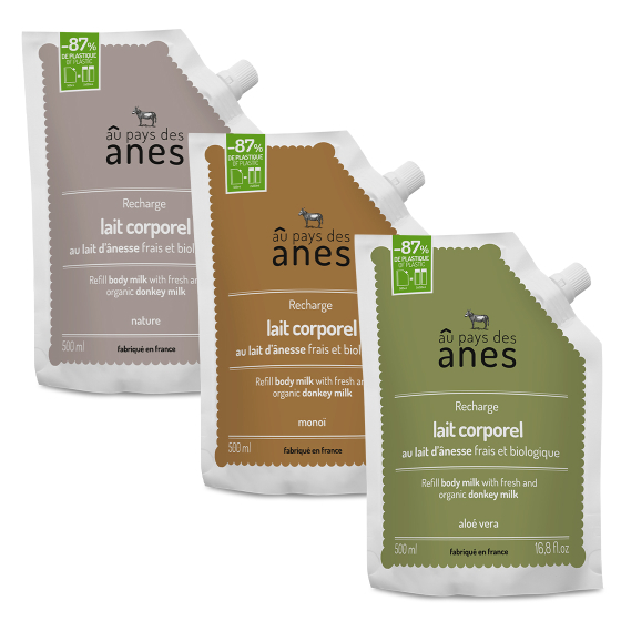 Pack découverte recharge lait corporel 500ml Nature, Aloe Vera, Monoï