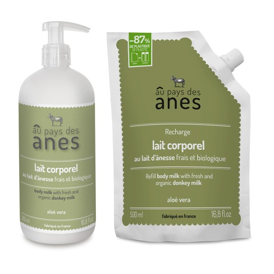 Pack lait corporel Aloe Vera au lait d'ânesse bio et sa recharge 500ml Pack lait corporel Aloe Vera au lait d'ânesse bio et sa recharge 500ml