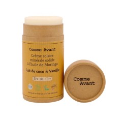 Crème solaire corps SPF30 solide à l'huile de moringa 80g Lait de coco & Vanille